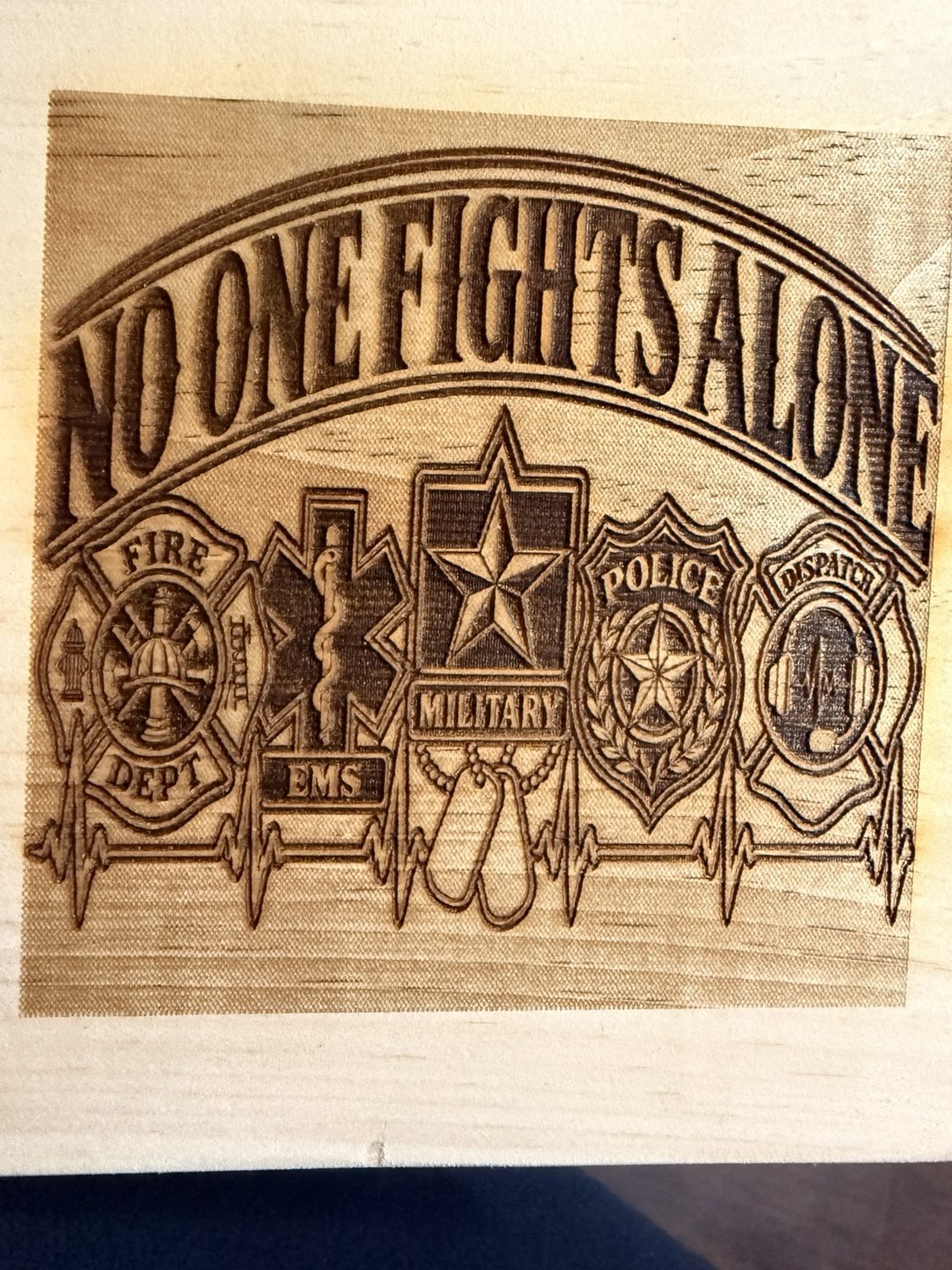 One Fight Shall One first responder themed wooden engraving with service emblems