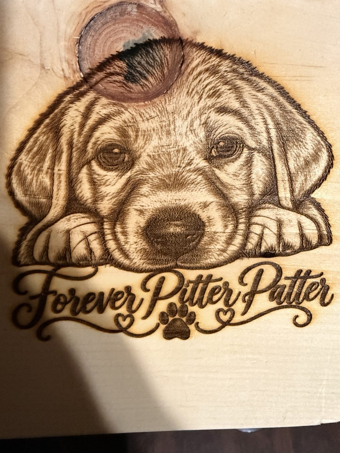 Forever Pitter Patter wooden pet keepsake featuring a puppy portrait